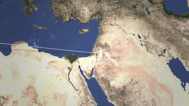 Airplane flying to Jerusalem, Israel from west. Intro 3D animation
