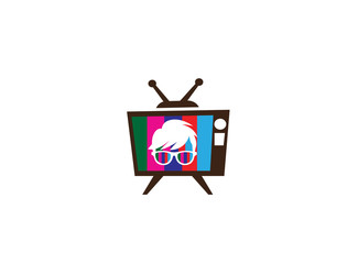 Geek Head with hairstyle wearing glasses for logo design illustration, in an old tv shape multicolors icon