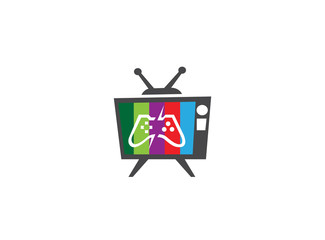 Console video games a controller gadget for logo design illustration, in an old tv shape multicolor icon