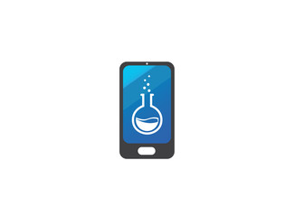 Beaker Lab round flask with chemical substance inside and Bubbles for logo design illustration in a smartphone shape phone icon