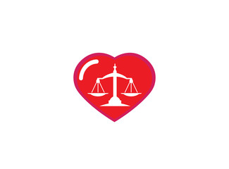 Balance symbol scales logo design illustration, law symbol in a heart shape love icon