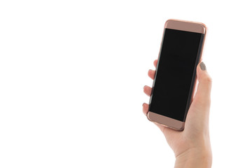 Hand holding phone isolated on white background in studio. Close up hand woman using phone on isolated. Free form copy space.