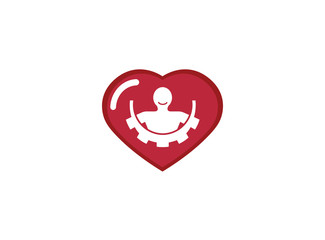 Body inside a gear pignion and smile for logo design in chat icon illustration