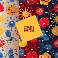 Fototapeta na wymiar Viruses set of seamless patterns vector illustration. Microbes or collection of cartoon viruses. Bad microorganisms for people. Different disgusting bacteria. Agressive monsters.