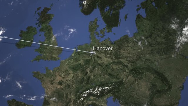 Commercial plane arrives to Hanover, Germany, intro 3D animation