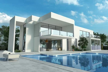 Fotobehang Impressive white modern house with pool © FrankBoston