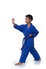 Master Blue 2 II Belt Kid TaeKwonDo show basic step of fighting pose, Asian athletes boy black hair tanned skin exercise warm up in blue uniform bare foots, studio lighting white background copy space