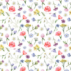 Watercolor seamless pattern with wildflowers. Texture for wallpaper, packaging, fabric, wedding design, prints, textiles, scrapbooking, birthday, cover design.