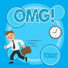 Word writing text Omg. Business photo showcasing Oh my good abbreviation Modern Astonishment expression Man in Tie Carrying Briefcase Walking in a Hurry Past the Analog Wall Clock