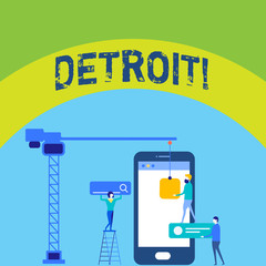 Writing note showing Detroit. Business concept for City in the United States of America Capital of Michigan Motown Staff Working Together for Common Target Goal with SEO Process Icons