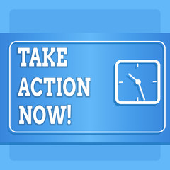 Fototapeta premium Word writing text Take Action Now. Business photo showcasing do something official or concerted achieve aim with problem Modern Design of Transparent Square Analog Clock on Two Tone Pastel Backdrop
