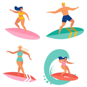 Surfing people flat illustration design