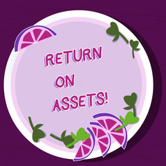 Writing note showing Return On Assets. Business concept for percentage how profitable companys assets are generating Cutouts of Sliced Lime Wedge and Herb Leaves on Color Plate