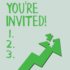 Text sign showing You Re Invited. Business photo text make a polite friendly request to someone go somewhere Colorful Arrow Pointing Upward with Detached Part Like Jigsaw Puzzle Piece