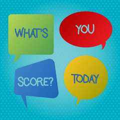 Word writing text What S You Score. Business photo showcasing Tell Personal Individual Rating Average Results Statistics Blank Speech Bubble Sticker in Different Shapes and Color for Multiple Chat