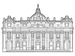 St. Peter's Basilica, Vatican City, Italy: Vector Illustration Hand Drawn Landmark Cartoon Art