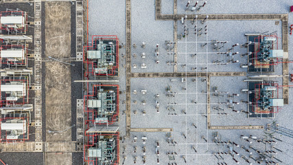 Aerial view part of electric station engineering construction on a electric power plant.