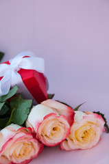 Three light yellow-red roses and a gift with a white ribbon in a box lie on a pink background