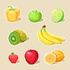 Vector illustration of different fruits and vegetables. Yellow pepper, apple, kiwi, lemon, lime, banana, strawberry. Digital drawing of fruits isolated on abstract background.
