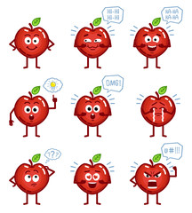 Set of red apple characters showing different emotions, actions, gestures. Red apple laughing, pointing, crying, thinking, angry, surprised and doing other actions. Simple vector illustration