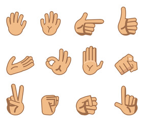 Set of cartoon hands showing different gestures. Okay, thumb up, this way, pointing, victory sign, stop, fist and other icons. Simple style vector illustration