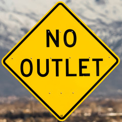 Square Close up view of a bright yellow and black No Outlet road sign