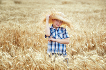 Naklejka na ściany i meble Portrait of a boy in a field of wheat . The boy wears a straw hat