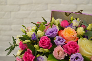 bouquet of pink roses in the box