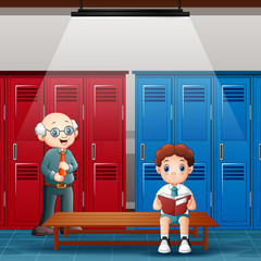 Teacher with boy is reading a book in the locker room