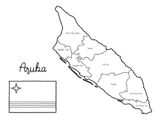 Aruba Country Map Flag Vector Illustration Hand Drawn Cartoon Art