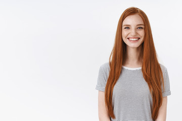Cheerful friendly happy smiling ginger girl striped t-shirt have fun enjoying joyful company...