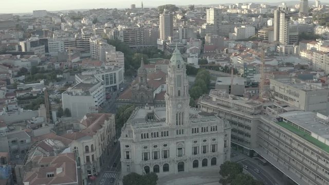 City hall of Porto in Portugal, 4k aerial drone skyline ungraded / raw 
