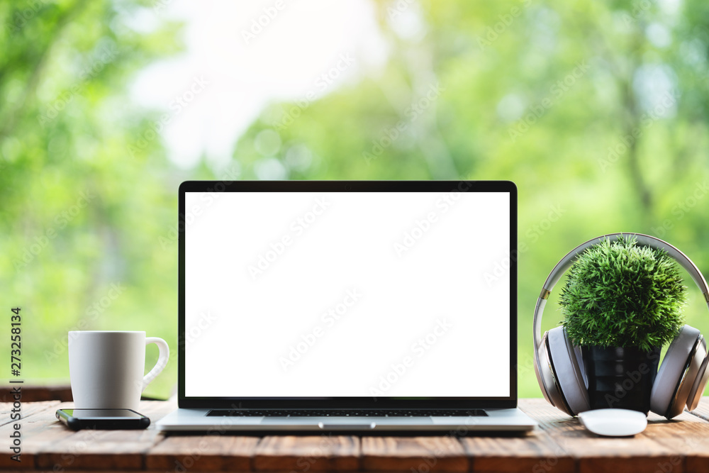 Poster laptop computer showing white frame morning nature background