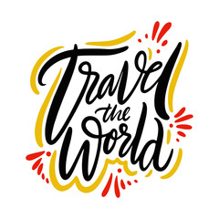 Obraz premium Handwritten calligraphy phrase Travel the world colorful art vector text isolated on white background