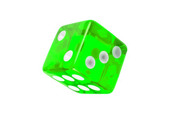 One playing dice green glass isolated on white background. Sides two, three, six without a shadow.