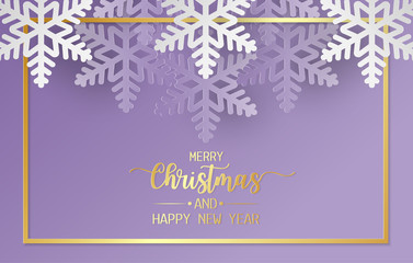 Fototapeta na wymiar Merry christmas and happy new year greeting card, postcard with snowflake on purple background. Paper art style