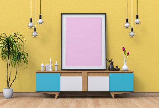 Interior living Room with sideboard and mockup blank poster. 3d render