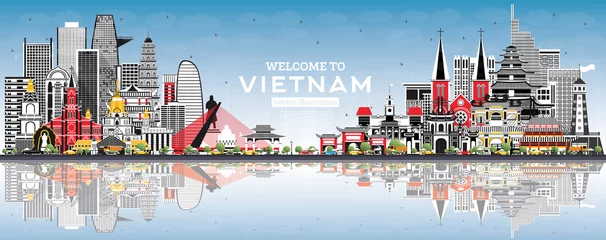 Deurstickers Welcome to Vietnam Skyline with Gray Buildings and Blue Sky. © BooblGum