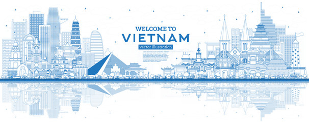 Outline Welcome to Vietnam Skyline with Blue Buildings and Reflections.