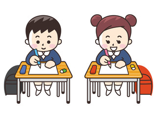 机で勉強する小学生の男女
