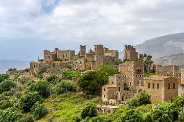 Fototapeta premium The abandoned town of Vathia with tower houses typical of the Mani Peninsula