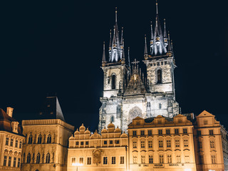 Fototapeta premium Church of Our Lady before Týn at night, Prague, Czech Republic
