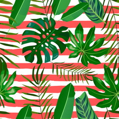Fototapeta na wymiar seamless pattern color tropical leaves on coral strips background