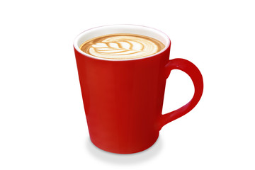 Red cup with liquid latte, isolated white background?