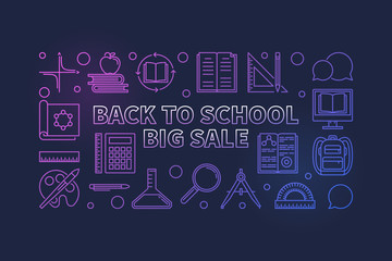 Back to School Big Sale vector colorful linear horizontal illustration or banner on dark background