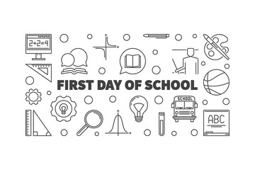 Fototapeta na wymiar First Day of School vector concept outline horizontal illustration or banner