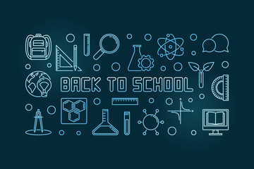 Vector Back to School blue concept linear horizontal illustration or banner on dark background 