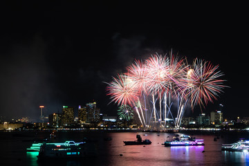 PATTAYA, THAILAND - MAY24: Beautiful lights on the night, colorful fireworks, and International fireworks at Pattaya International Fireworks Festival 2019 on May 24,2019 in Pattaya,Thailand.