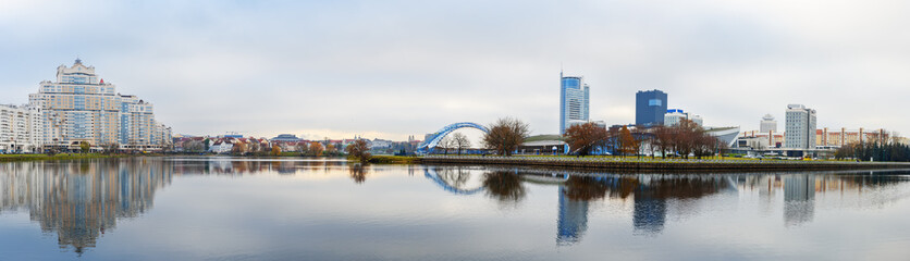 Fototapeta na wymiar Panorama view of Embankment of Svisloch River in Minsk. Belarus