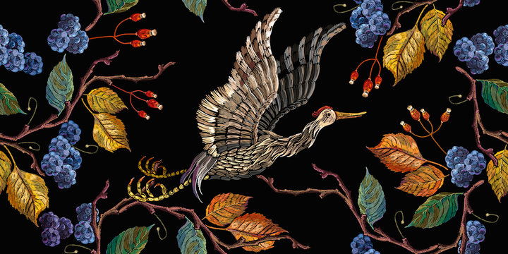 Japanese crane bird and blackberry autumn leaves seamelss pattern. Embroidery fashion art, template for design of clothes